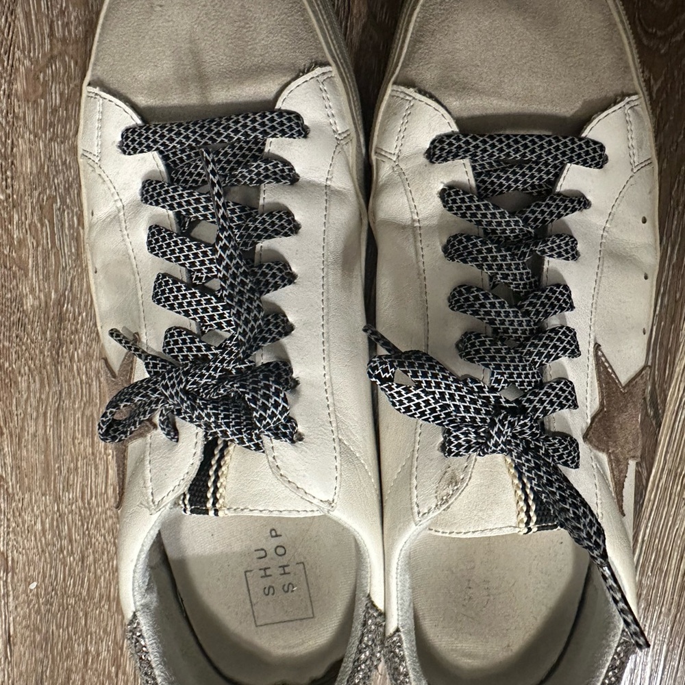 ShuShop White and Brown Sneakers with Textured Laces